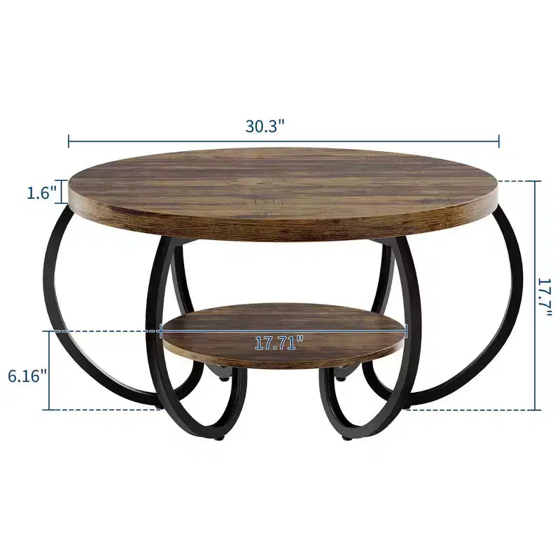 Table basse industrielle ronde de 30 pouces à 2 niveaux avec pieds réglables, étagère à grain de bois, motif flamme, assemblage facile, salon