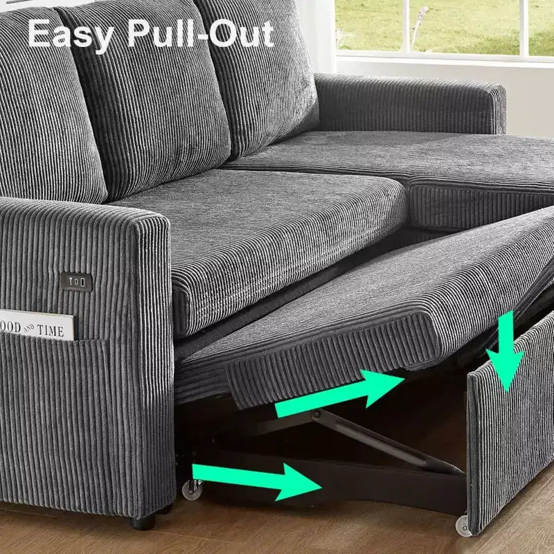 Canapé-lit Dyonery 2-en-1 avec méridienne de rangement, canapé sectionnel en velours côtelé avec ports USB pour salon