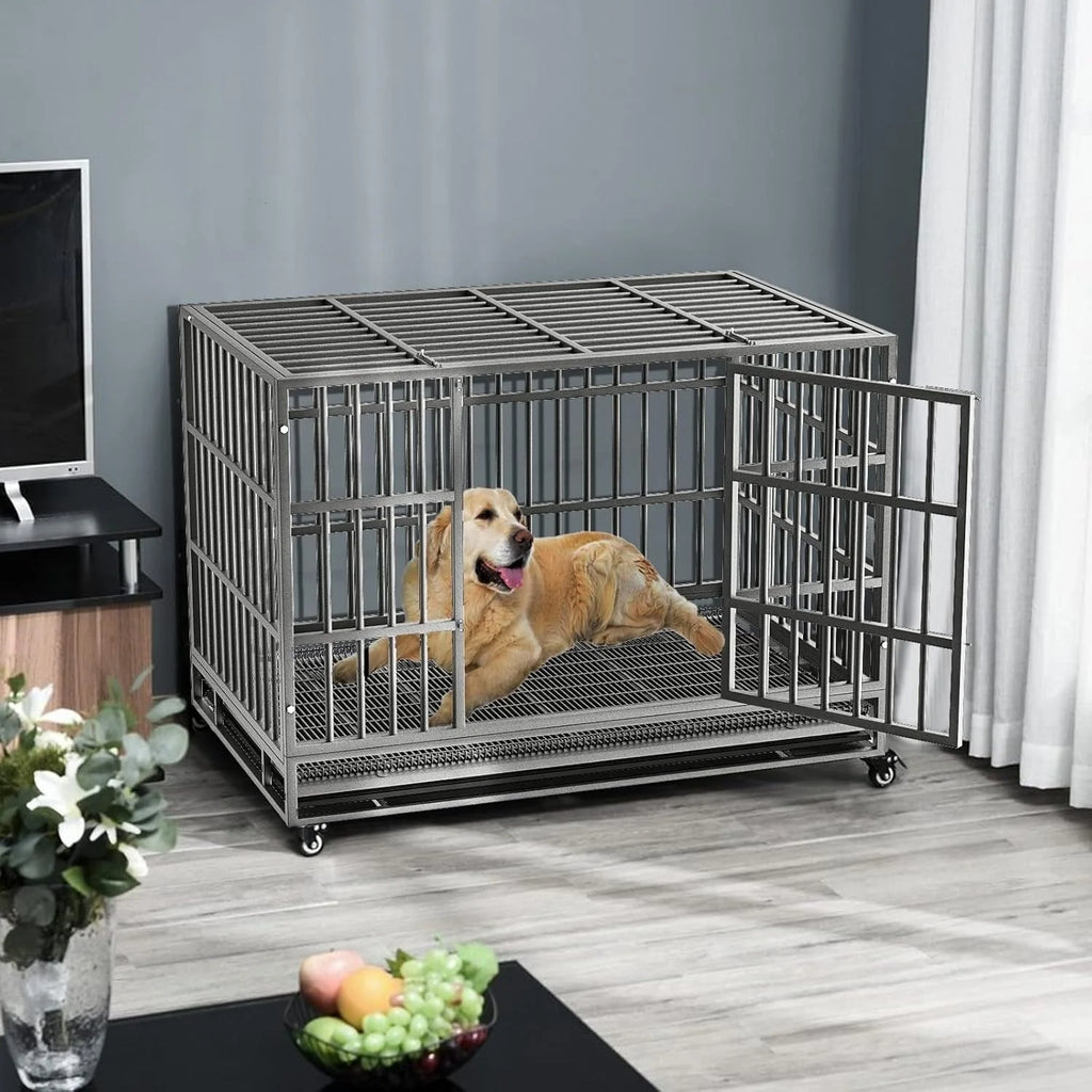 BOSSIN Cage pour Chien Robuste Indestructible 48/38 Pouces, Niche Anti-Évasion avec Roues Verrouillables