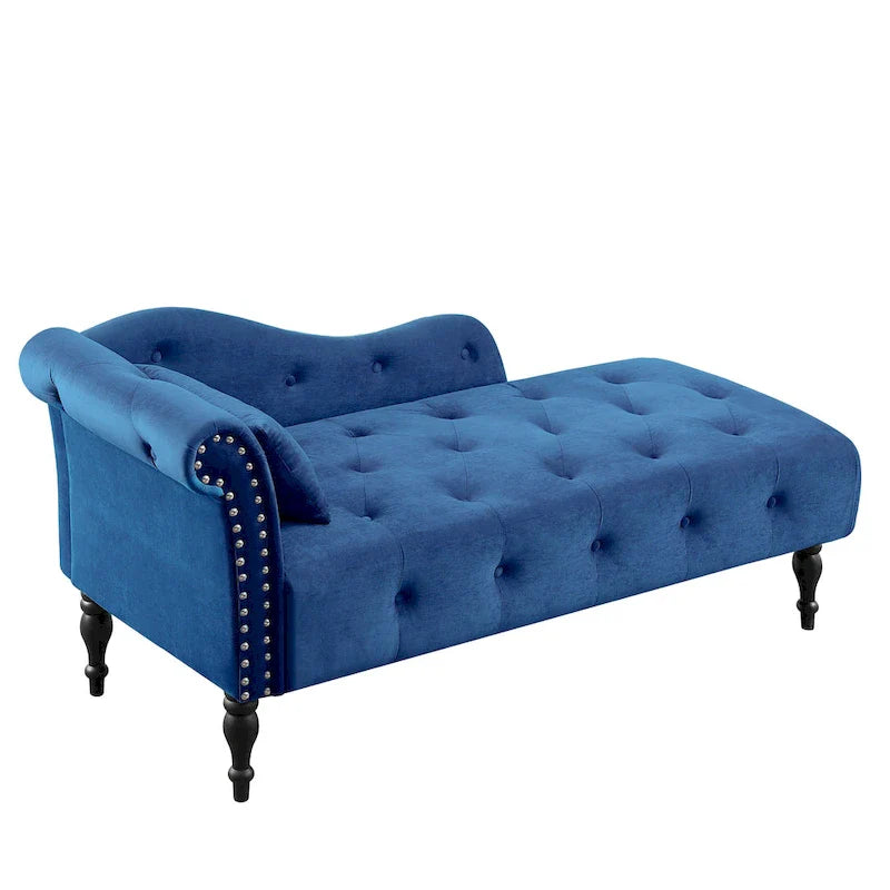 Chaise longue moderne de 154 cm avec revêtement en velours, boutons capitonnés, pieds en bois massif et clous de tapissier