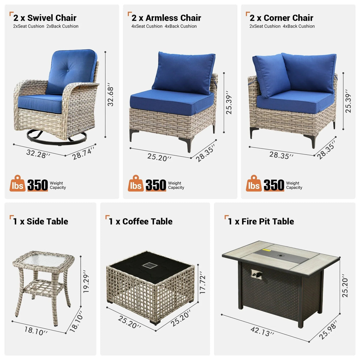Ensemble de 9 chaises pivotantes en osier d'extérieur OVIOS avec table brasero