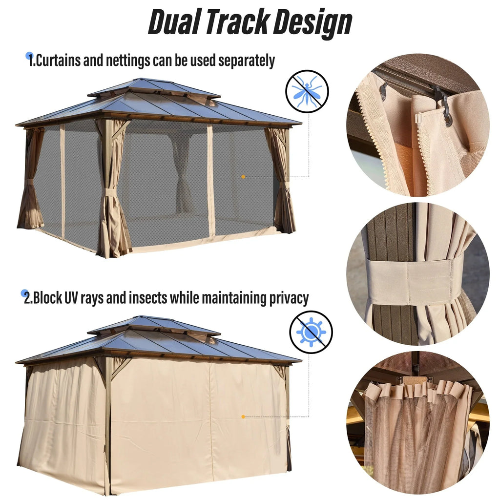 Tonnelle EROMMY à toit rigide, pergola extérieure avec double toit, moustiquaire et rideaux, auvent robuste pour patio, jardin, fête au bord de la piscine