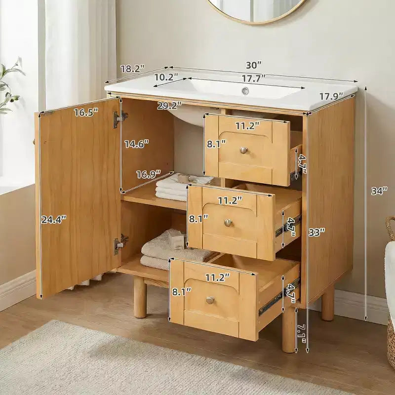 JVNOXK Meuble sous-vasque rustique moderne en céramique de 30 pouces avec 3 tiroirs et 1 grande porte à fermeture douce, meuble de rangement, grain de bois naturel