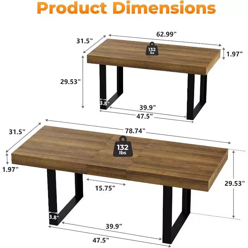 Zevemomo 63-78.7 Table de salle à manger extensible, Table de cuisine rectangulaire pour 6-10 personnes avec rail métallique, Pieds coniques en U pour salle à manger, bureau - Marron
