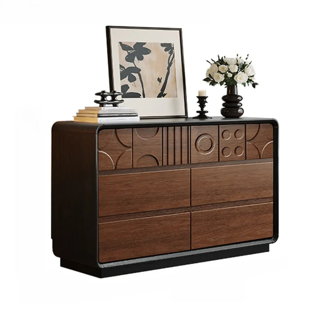 Commode en bois d'inspiration Art déco avec sculptures géométriques