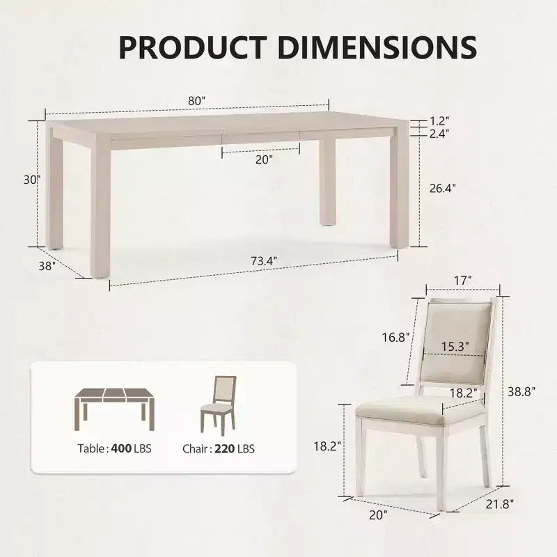 Ensemble de salle à manger moderne - Table 80" + 6 chaises rembourrées, cadre en bois massif, capacité de la table 400lbs, assemblage facile
