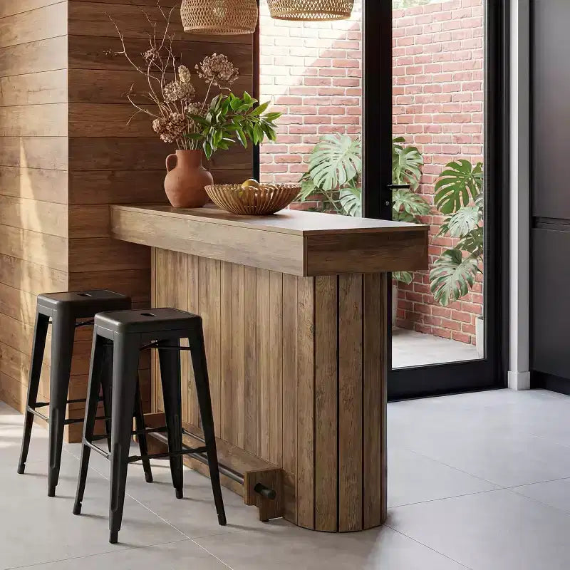 Table de bar Lantine, meuble de bar en bois de 160 cm avec repose-pieds en métal, table de bistrot avec étagères de rangement pour salon, bistrot, salle à manger (marron)