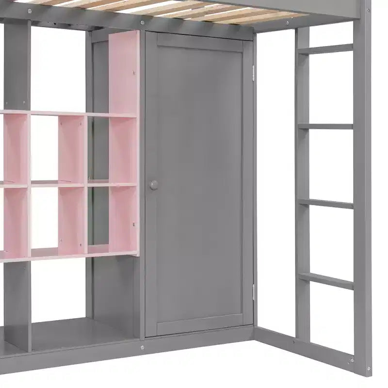 Lit mezzanine enfant avec armoire et étagères, Cadre de lit mezzanine en bois avec meuble de rangement pour enfants et adolescents