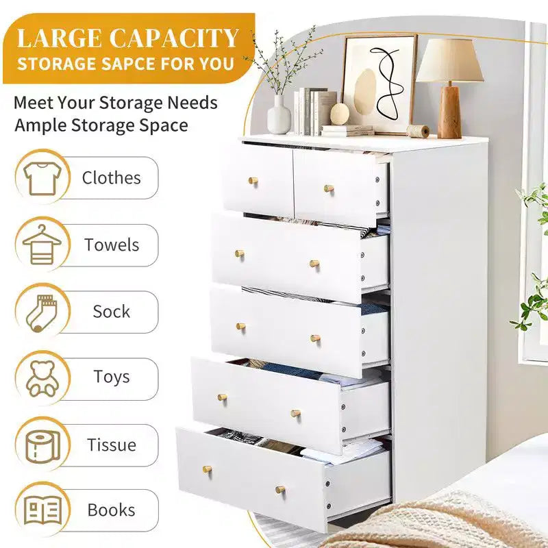 Grande commode à 6 tiroirs Karl Home pour chambre à coucher et commode à tiroirs avec construction robuste en bois, organisateur de rangement pour placard, en blanc