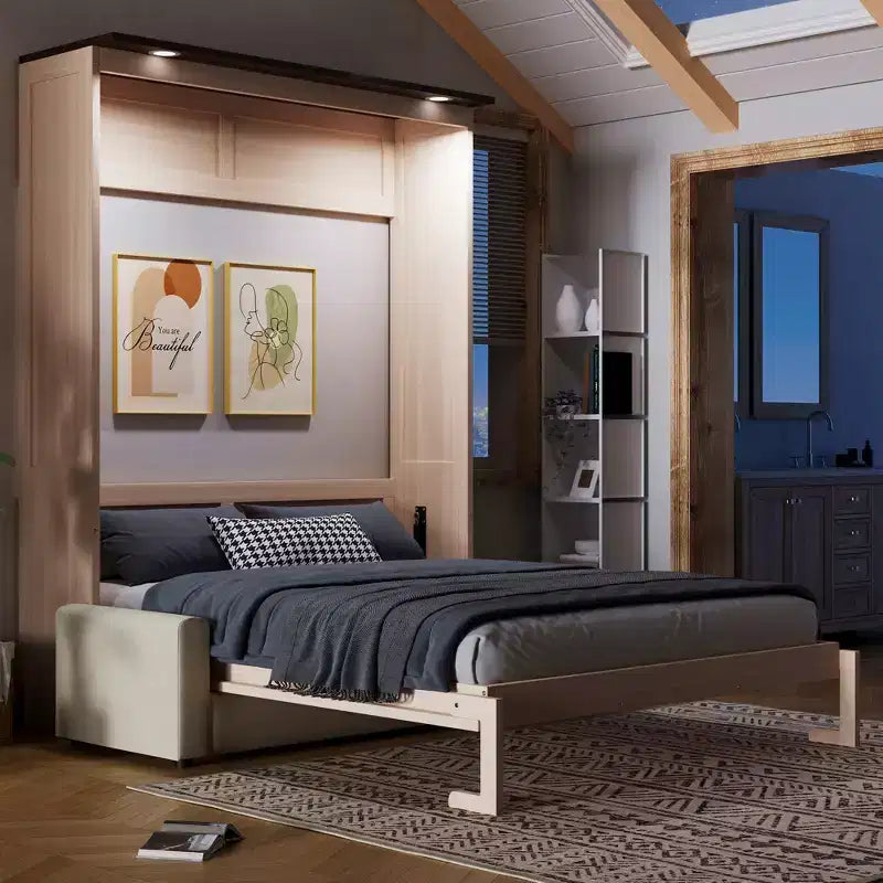 Lit escamotable Queen Size avec canapé, Lit escamotable Queen Size en bois avec éclairage LED, Lit escamotable pliant avec coffre pour chambre d'amis, Beige