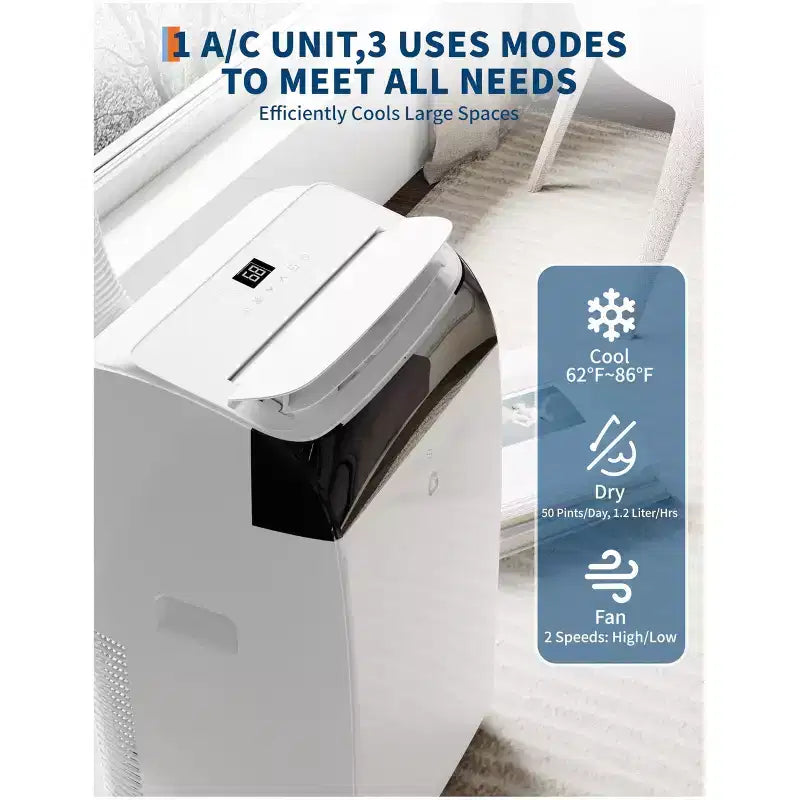 Climatiseurs de 14 000 BTU refroidissant jusqu'à 70 m², Climatiseur portable 3-en-1 avec modes Refroidissement, Déshumidification et Ventilation, Télécommande