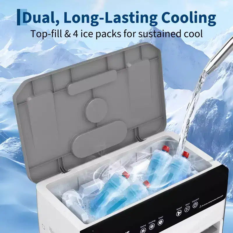 Refroidisseur d'air évaporatif avec réservoir d'eau, 4 pains de glace, 3 vitesses, oscillation à 120°, télécommande et minuterie 12h, 150W Portable sur pied
