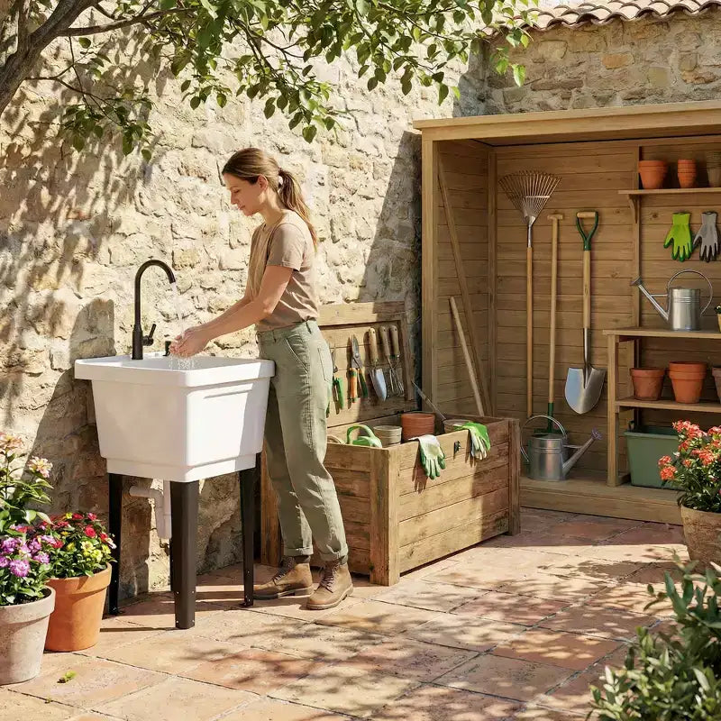 Évier utilitaire portable pour buanderie, bac à laver autoportant avec robinet, distributeur de savon et tuyaux