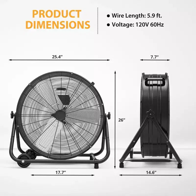 Ventilateur de sol, Ventilateur industriel - Ventilateur de tambour robuste de 24 pouces avec 4 vitesses, Circulateur d'air en métal pour entrepôt, atelier, garage, usine, sous-sol