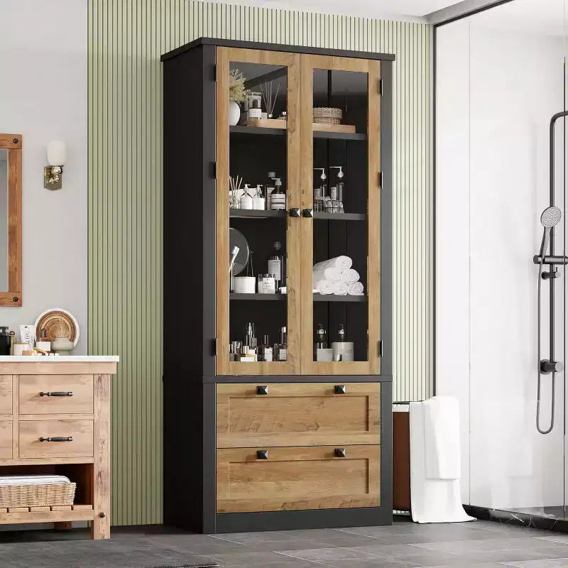 Vaisselier de cuisine de ferme avec portes vitrées, Armoire de rangement de 183 cm avec tiroirs et étagères réglables pour salle à manger, salle de bain, salon