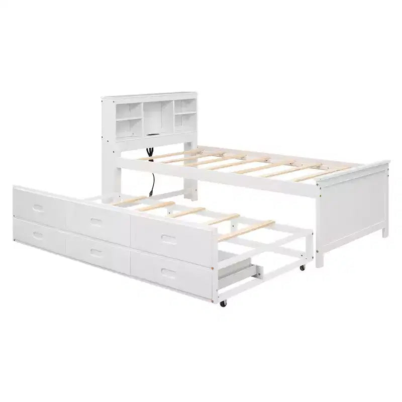 Lit plateforme avec lit gigogne et tiroirs, lit plateforme de rangement avec USB, lit plateforme en bois avec bibliothèque
