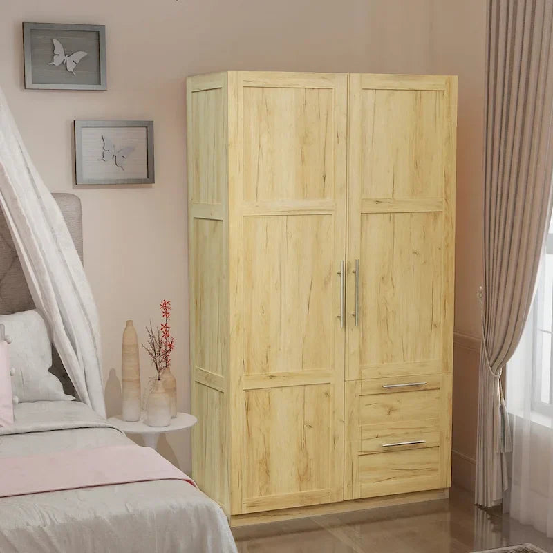 Armoire de rangement en bois blanc avec portes, tiroirs et tringle à vêtements