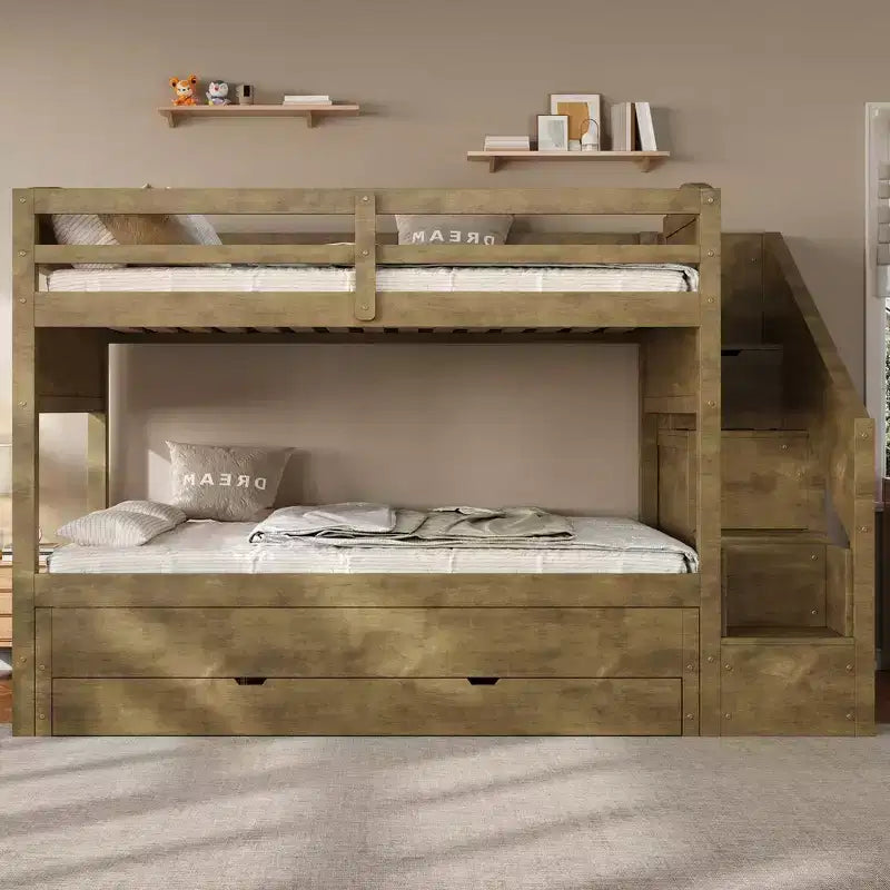 Lit superposé Whisen Twin XL avec lit gigogne, lit superposé avec rangement, lit superposé en bois massif, escalier de rangement, armoire, 3 tiroirs, pour enfants