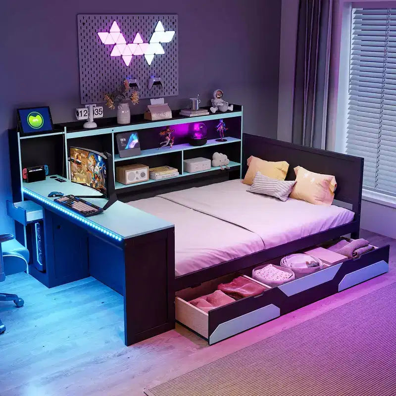 Lit de repos de jeu double/grand avec tête de lit bibliothèque, lumières LED, bureau intégré, tiroirs et station de charge