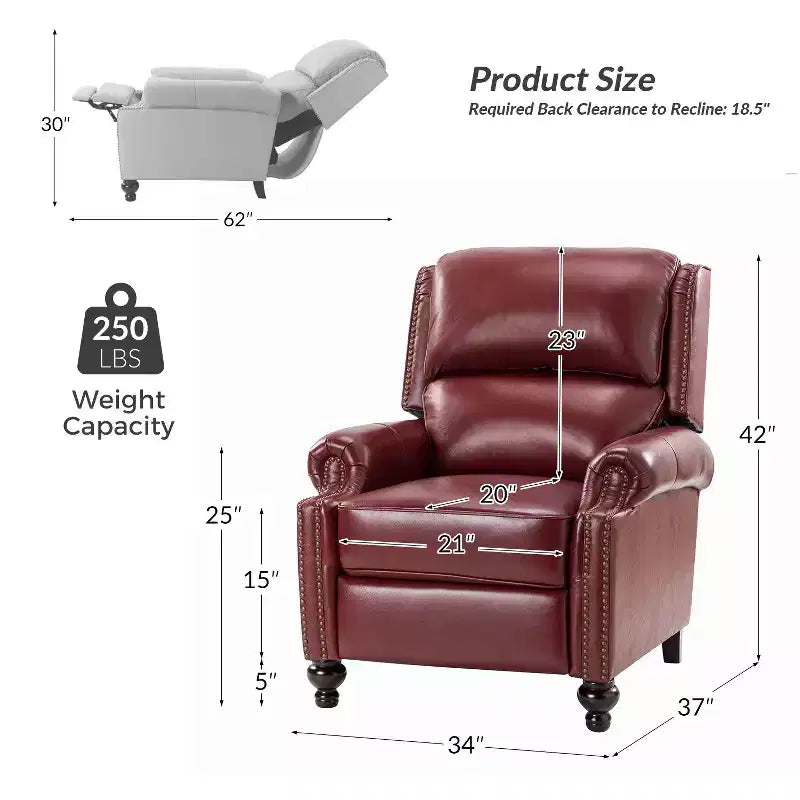 Ensemble de 2 fauteuils inclinables modernes en cuir véritable Elisabete avec garniture cloutée vintage pour salon et chambre à coucher | ART OF LIVING DESIGNS