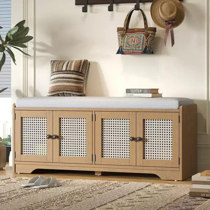 Banc de rangement rustique en bois Whisen, banc à chaussures d'entrée avec coussin amovible, étagères réglables