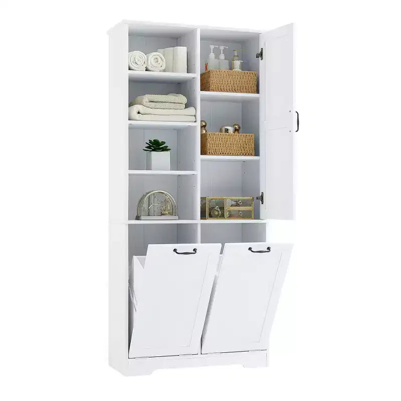 Meuble de rangement de salle de bain avec portes et tiroirs, panier à linge inclinable, plusieurs espaces de rangement, style autoportant