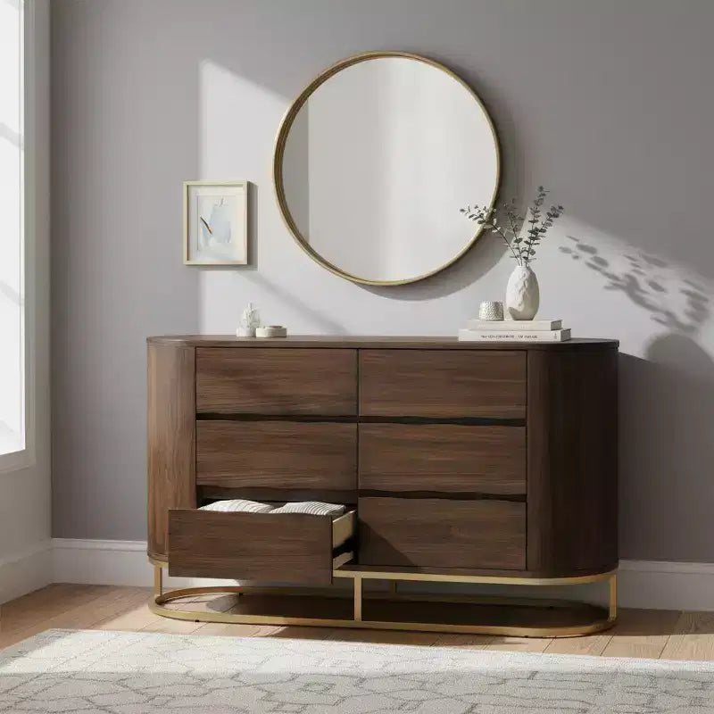 Commode moderne à 6 tiroirs avec plateau Live Edge, piètement en métal et construction en bois mélangé durable