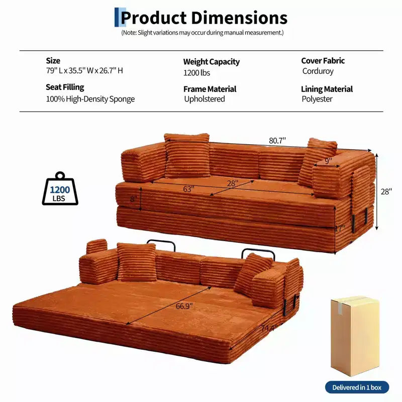 Canapé-lit convertible 5-en-1 80,7 po – Velours côtelé, 1200 lb, aucun assemblage requis