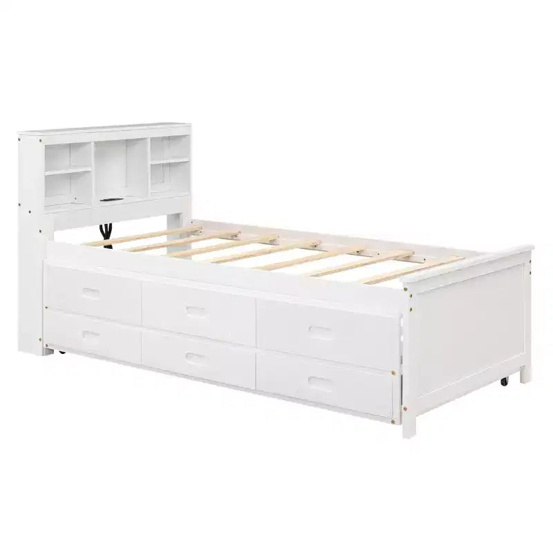 Lit plateforme avec lit gigogne et tiroirs, lit plateforme de rangement avec USB, lit plateforme en bois avec bibliothèque