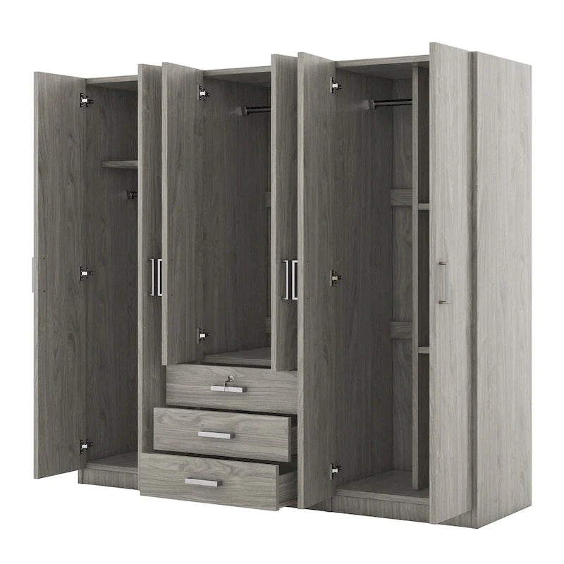 Armoire 6 portes en bois avec 3 grands tiroirs de rangement pour chambre à coucher