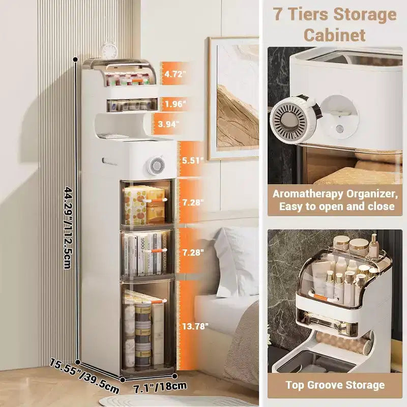 Meuble de Salle de Bain Fin, Armoire de Rangement Étroite à 7 Niveaux - avec Organiseurs Étanche, Support de Boîte à Mouchoirs et Roues, Idéal pour Salle de Bain, Cuisine, Buanderie