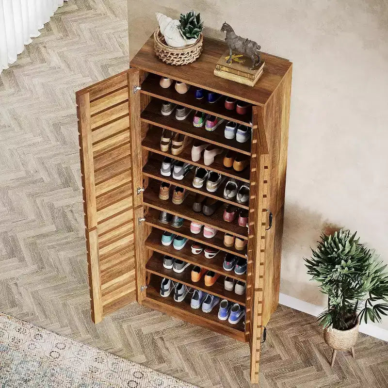 Lantine Meuble à chaussures haut 70,8" avec portes persiennes, meuble de rangement vertical pour 27 paires de chaussures à 9 niveaux