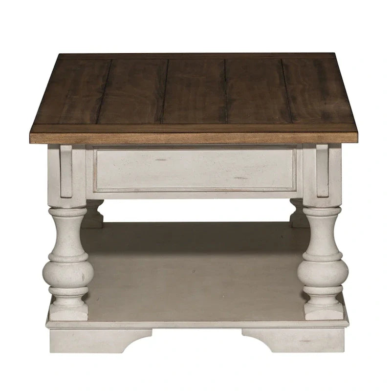 Table basse Morgan Creek blanc antique, avec accents tabac brossé.