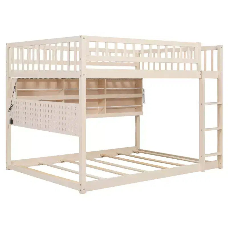 Lit superposé moderne bas Luxystar double sur double avec rangement, étagères éclairées et panneau perforé