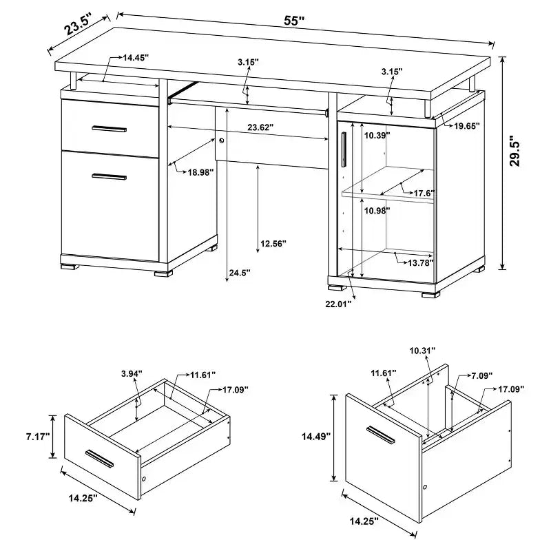 TUYOHW 55 Bureau en Bois, Table d'ordinateur de Bureau avec 2 Tiroirs, 1 Armoire, 1 Étagère Ouverte, 1 Porte, Bureau de Travail pour Bureau à Domicile, Étude, Petits Espaces