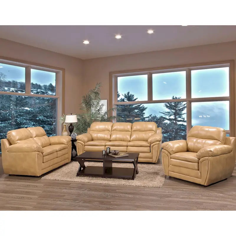 Ensemble canapé, causeuse et fauteuil en cuir gel marron clair Simon