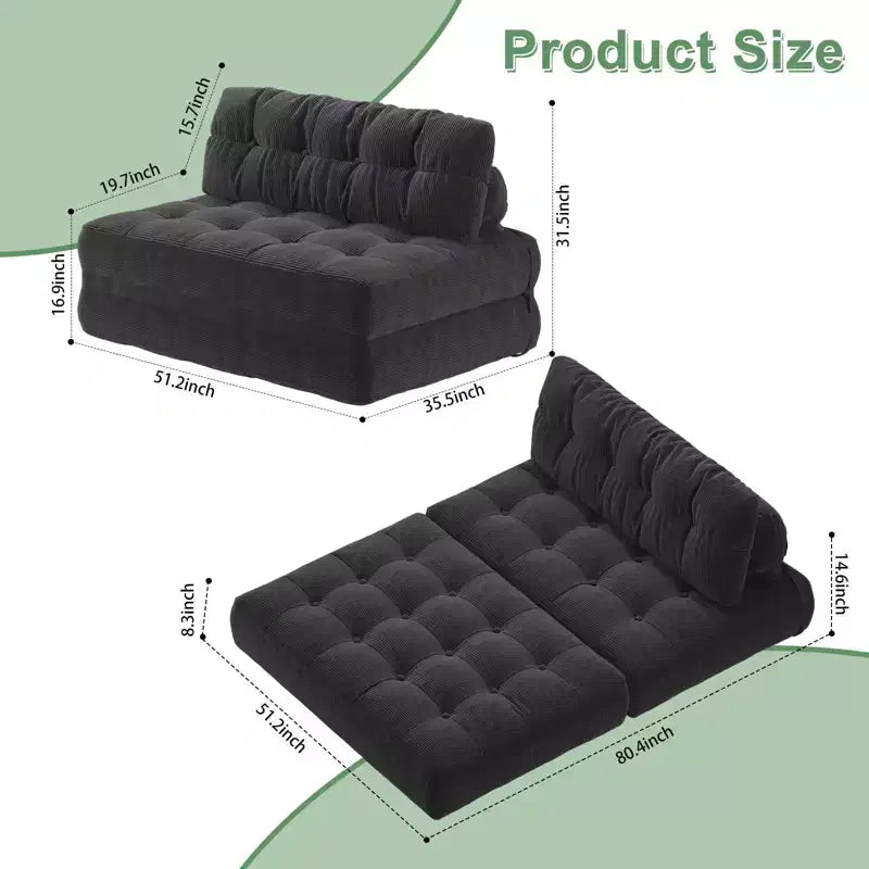 Canapé-lit futon pliant entièrement en velours côtelé, chaise de couchage convertible au sol avec oreiller et dossier