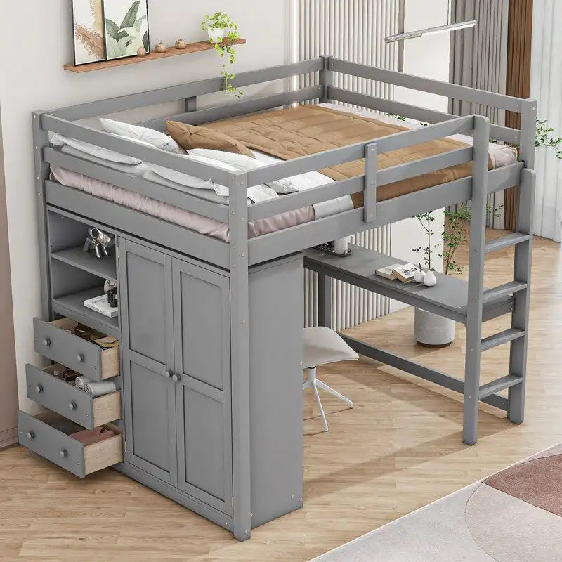 Lit mezzanine en bois pleine grandeur avec armoire intégrée, bureau, étagères de rangement et tiroirs