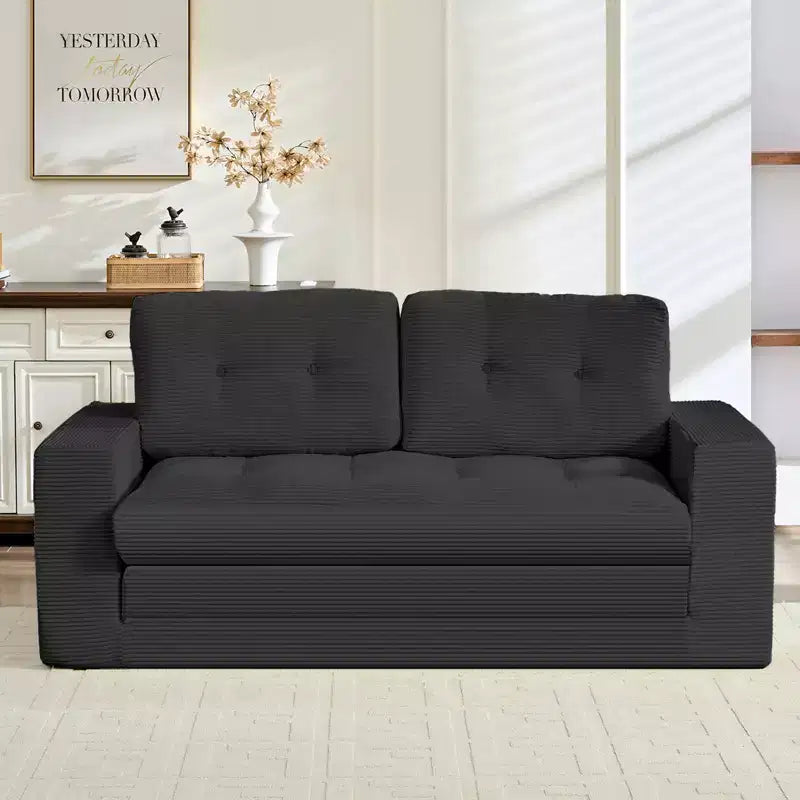 Mjkone Canapé-Lit Futon Convertible 2-en-1 180 cm, Canapé Deux Places Pliable en Tissu Côtelé avec Boutons Touffetés, Idéal pour Petits Espaces