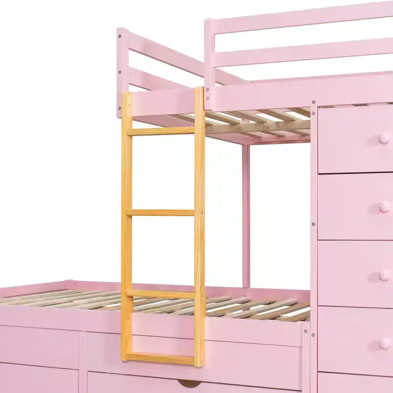 Lit superposé double sur double avec armoire de rangement et tiroirs, lit superposé double en bois peu encombrant avec garde-corps pour appartement, chambre à coucher