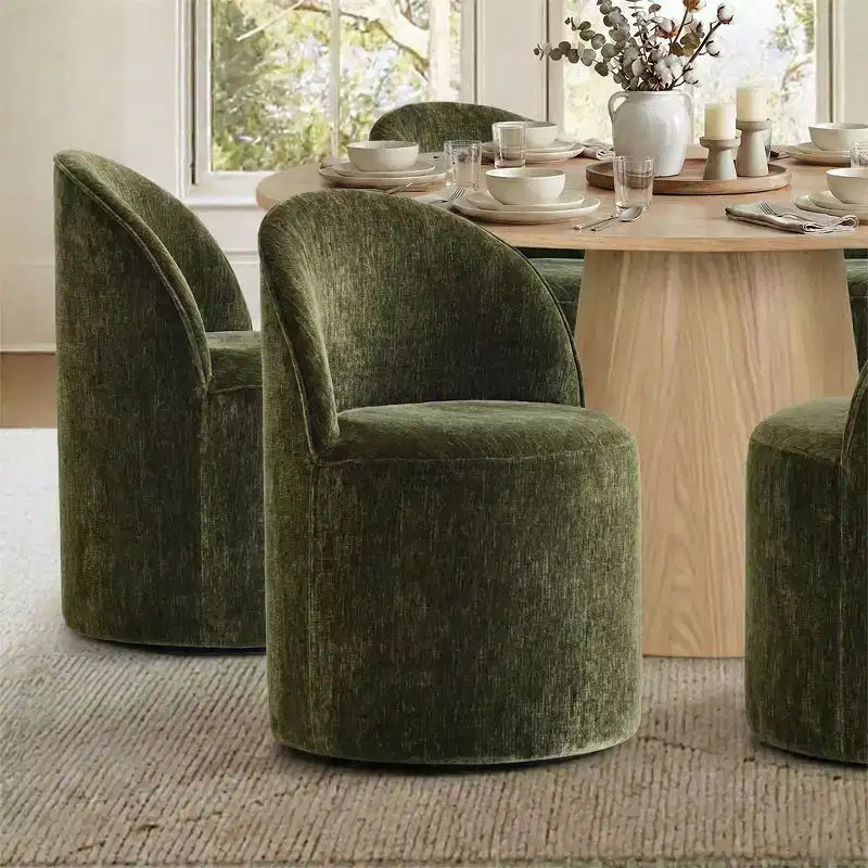 Ensemble de salle à manger moderne pour 6 personnes, table à manger ronde avec pied central, chaises de salle à manger pivotantes à roulettes, tissu chenille texturé - Panipeachy