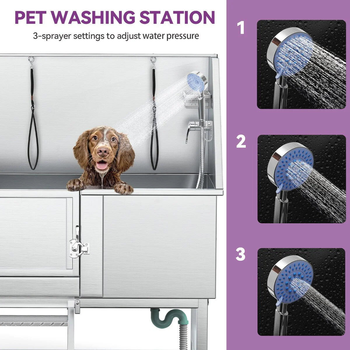 Baignoire de toilettage pour animaux de compagnie de 50 pouces de largeur en acier inoxydable avec rampe d'accès