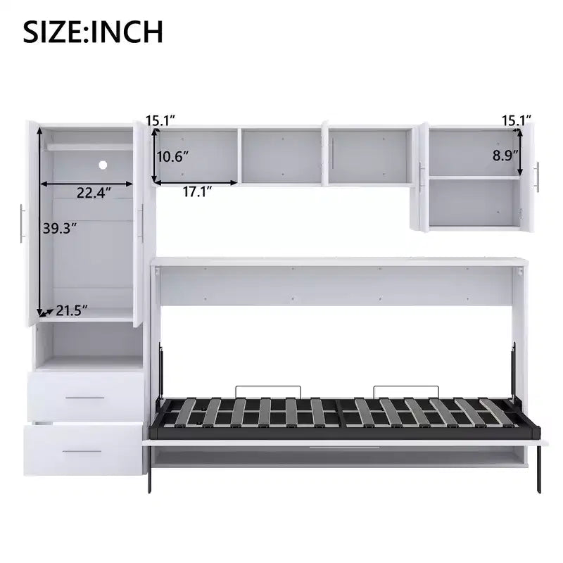 Lit escamotable mural simple, cadre de lit escamotable en bois avec armoire intégrée, tiroirs de rangement et étagères ouvertes, blanc - ModernLuxe