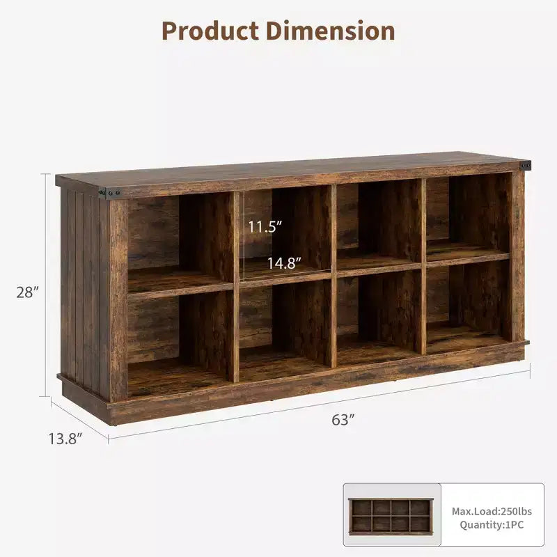 Étagère de rangement à 8 cubes, bibliothèque horizontale de style ferme, bibliothèque de rangement en bois de 157 cm pour entrée, étagères basses et longues pour salon