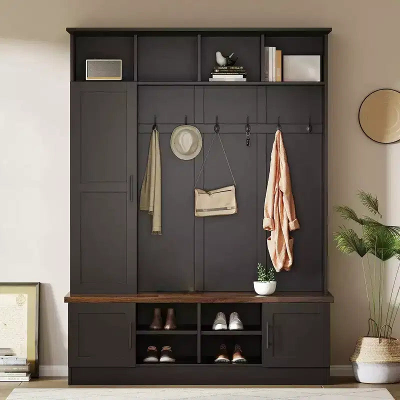 Meuble d'entrée avec banc à chaussures, porte-manteau multifonctionnel avec 6 crochets, porte-manteau de couloir en bois avec rangement à chaussures pour entrée ou salon