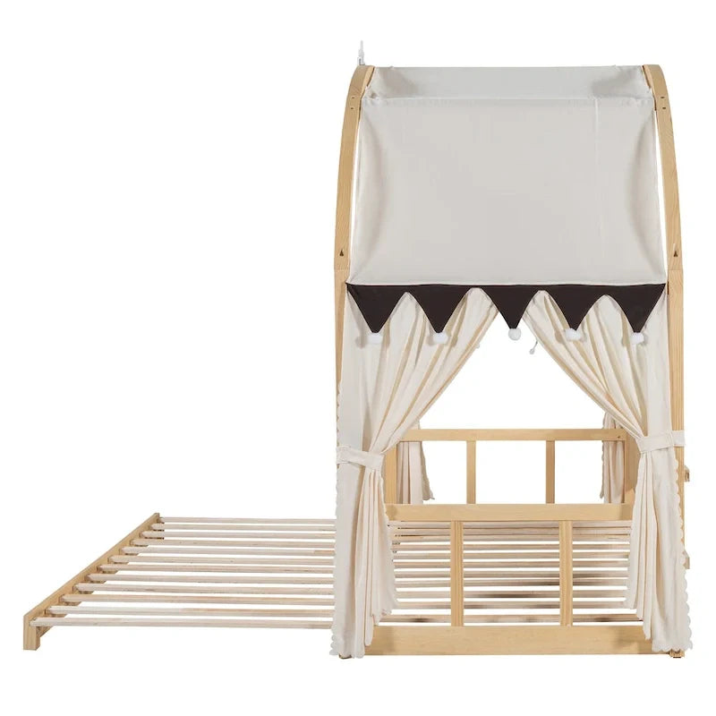 Lit cabane Montessori en bois massif avec plateforme, toit voûté et lit gigogne pour filles et garçons