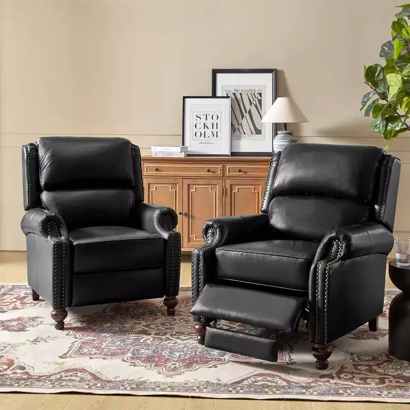 Ensemble de 2 fauteuils inclinables modernes en cuir véritable Elisabete avec garniture cloutée vintage pour salon et chambre à coucher | ART OF LIVING DESIGNS