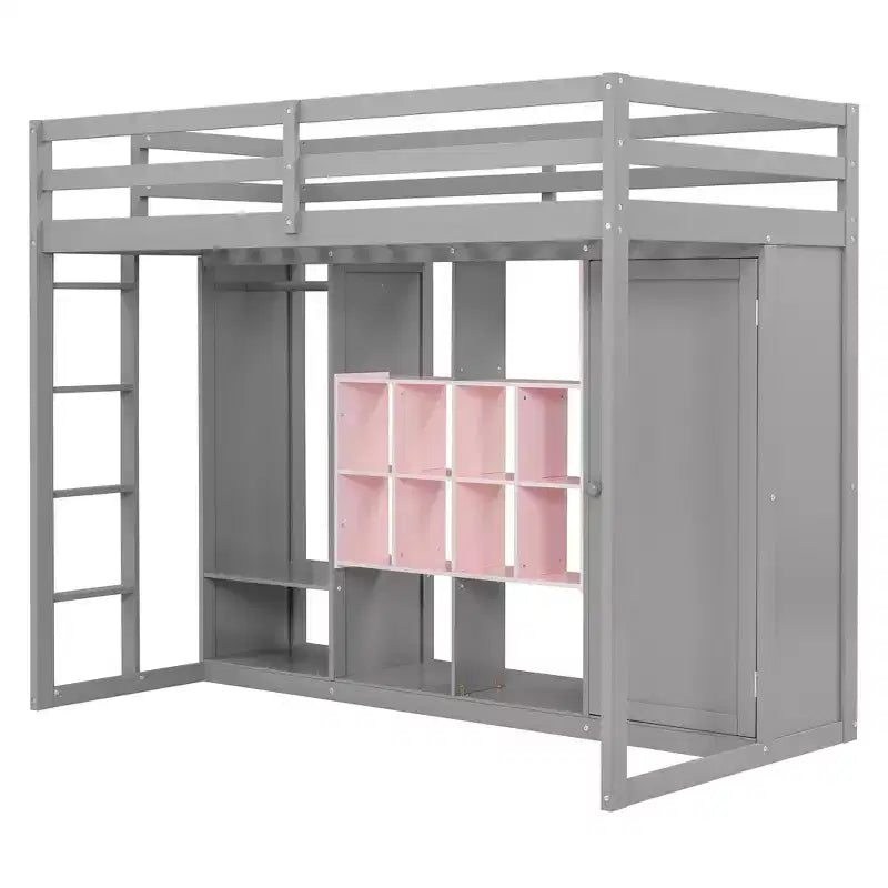 Lit mezzanine enfant avec armoire et étagères, Cadre de lit mezzanine en bois avec meuble de rangement pour enfants et adolescents