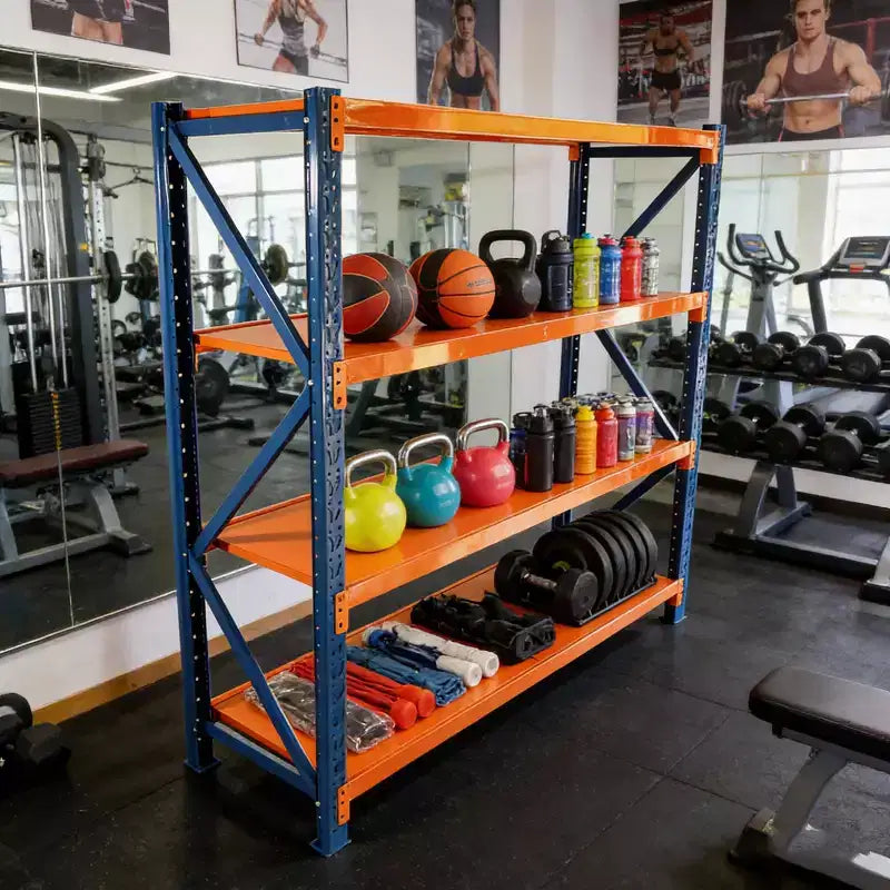 Étagères de garage robustes VIYET, rayonnage métallique réglable à 4 niveaux d'une capacité de 2000 kg, rangement industriel bleu et orange pour magasin/outils/salle de sport.