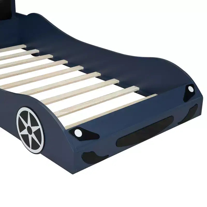 Lit plateforme Whisen Wood en forme de voiture de course, taille double, avec LED et dossier rembourré
